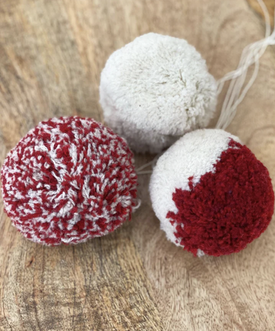 Wool Pom-Pom Decorations: 3 Pack - Snow / Victorian Red
