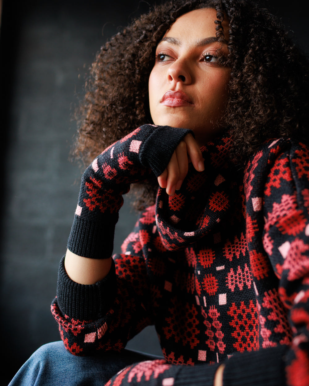 Carthen Merino Fingerless Mittens - Soot / Petals