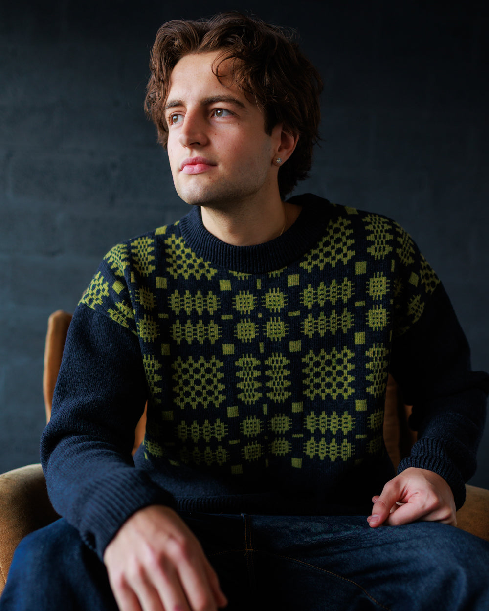 Men's Carthen Lambswool Gansey - Ink / Moss