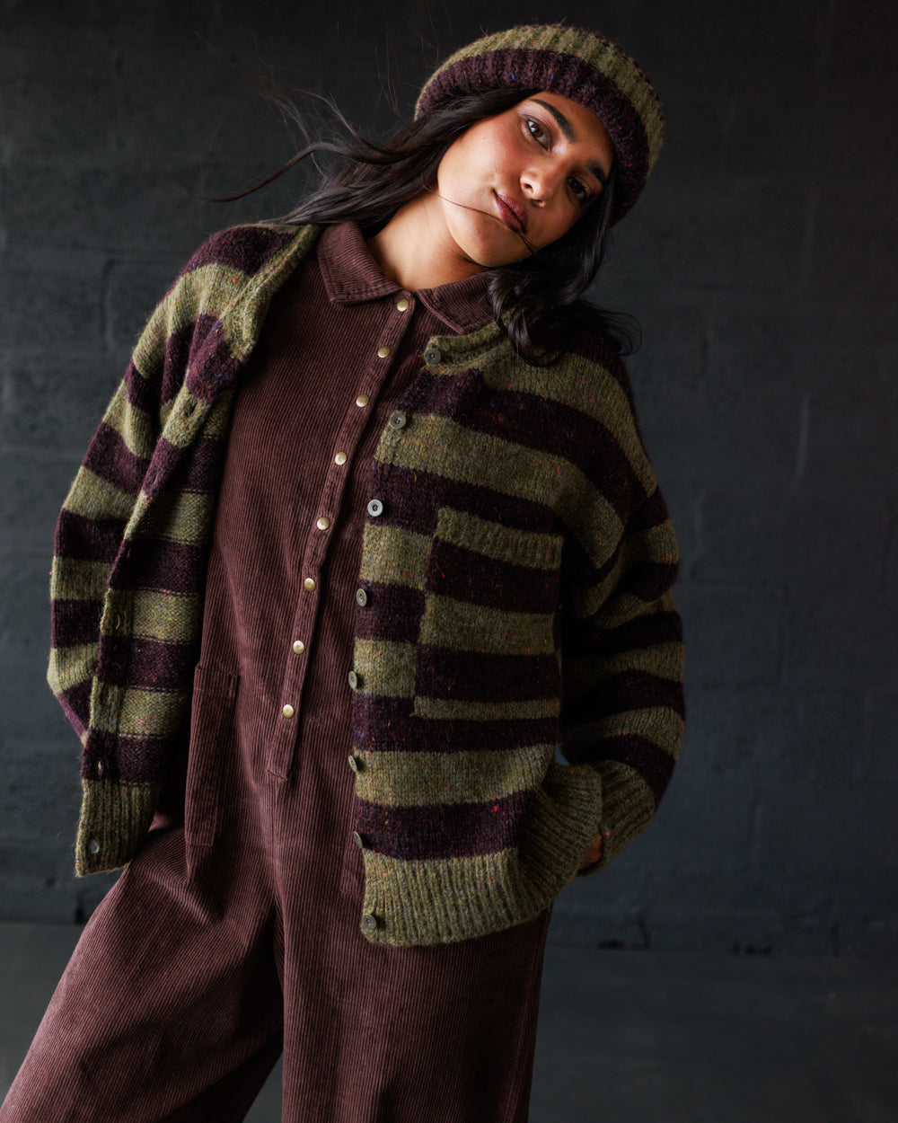 Moya Cardigan - Nettle/Fig Stripe (Adult)