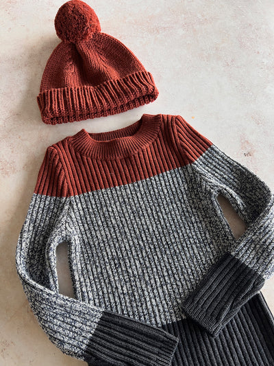 Sample Sale - Size 6Y Ribbed Pullover + Bobble Hat - Redwood / Navy