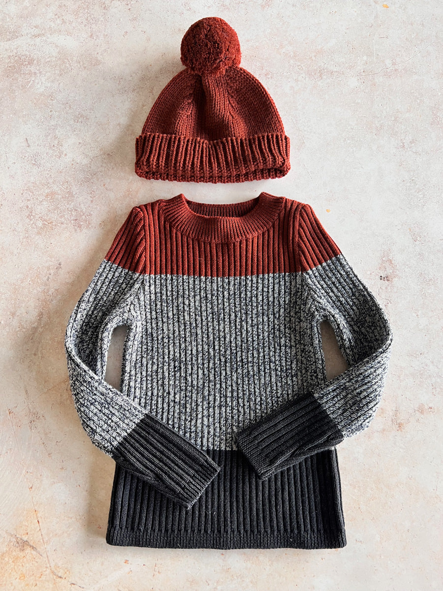 Sample Sale - Size 6Y Ribbed Pullover + Bobble Hat - Redwood / Navy