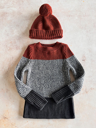 Sample Sale - Size 6Y Ribbed Pullover + Bobble Hat - Redwood / Navy