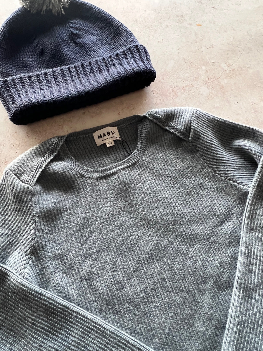 Sample Sale - Size 12Y Skinny Rib & Beanie Hat - Grey / Navy