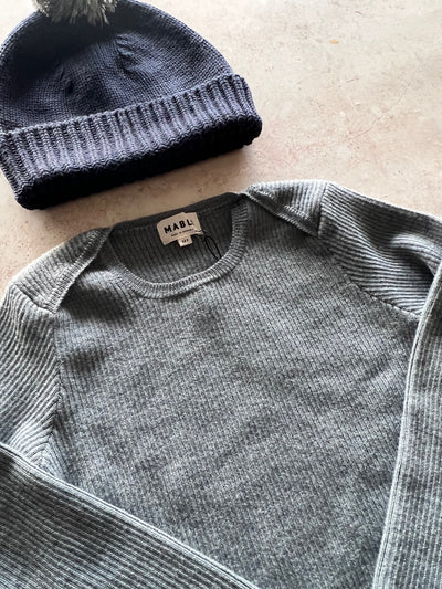 Sample Sale - Size 12Y Skinny Rib & Beanie Hat - Grey / Navy