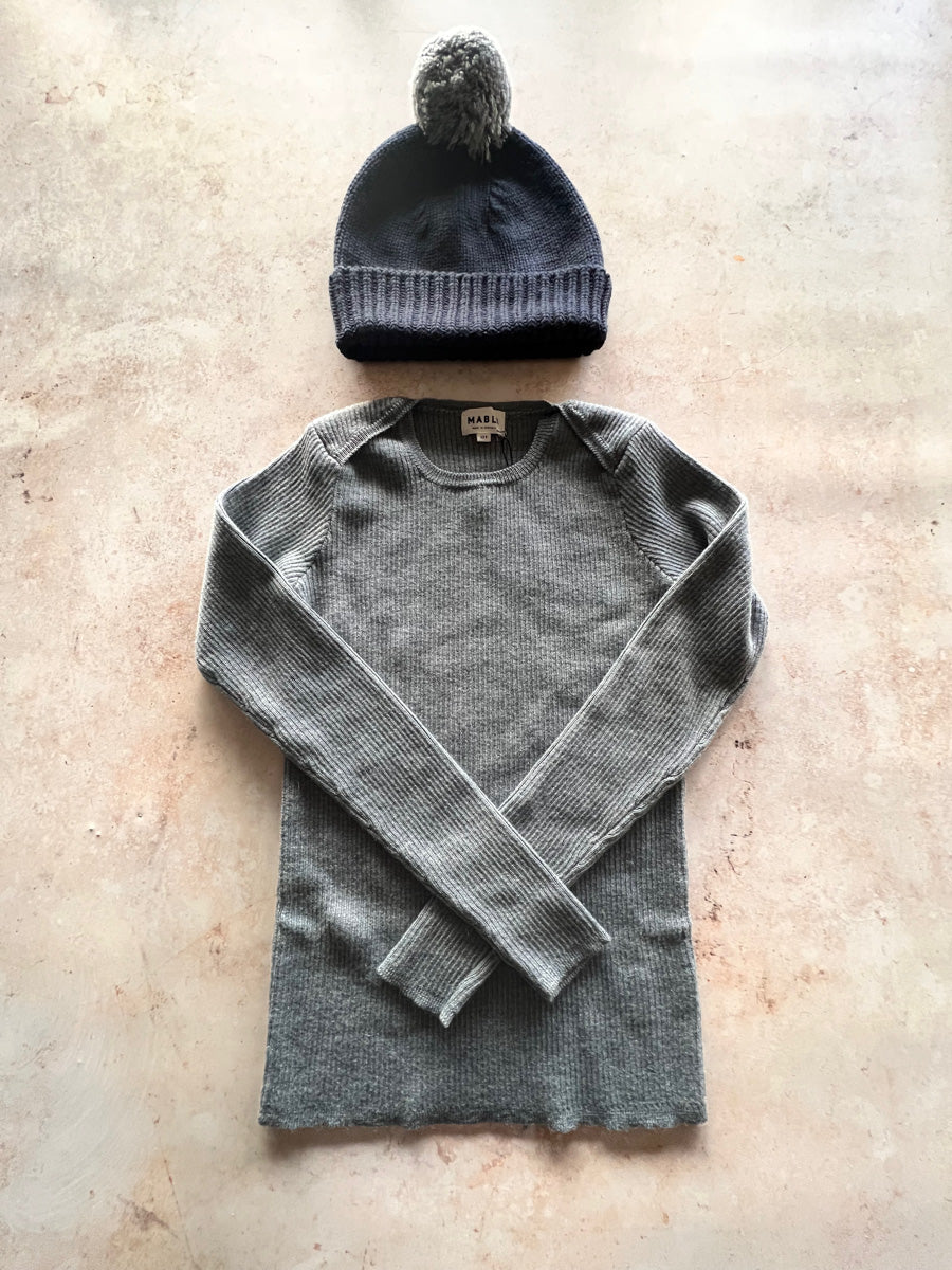 Sample Sale - Size 12Y Skinny Rib & Beanie Hat - Grey / Navy