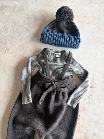 Sample Sale - Size 6M Beanie, Skinny Rib top & tie Pants - Cocoa / Blue / Grey