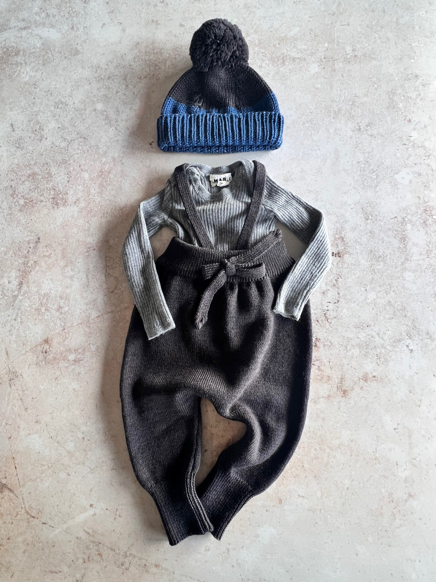 Sample Sale - Size 6M Beanie, Skinny Rib top & tie Pants - Cocoa / Blue / Grey