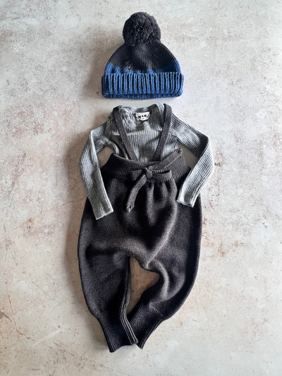Sample Sale - Size 6M Beanie, Skinny Rib top & tie Pants - Cocoa / Blue / Grey
