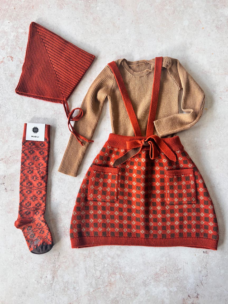 Sample Sale - Size 4Y Bonnet, Skinny Rib top, Skirt & Socks - Peanut / Brick
