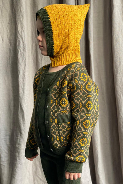 Takenoko Pixie Hood - Saffron / Juniper